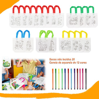 20 pçs de sacolas de presentes para colorir animais, com alça e canetas aquarela, pintura DIY, artesanato, 22 x 24 cm