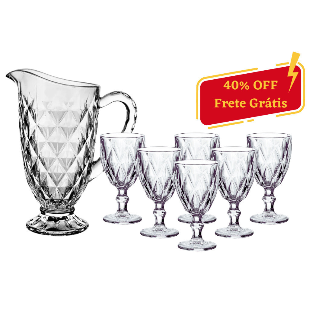Kit 7 Peças Taças Diamond 320ml + Jarra Diamante 1,2L Para Água Suco Bico Jaca Abacaxi Tra...