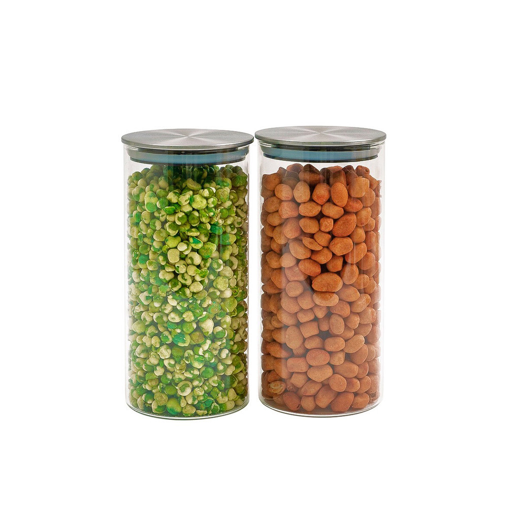 Kit 2 potes de vidro com tampa inox hermético redondo 1,3L - Tud - Home & Living