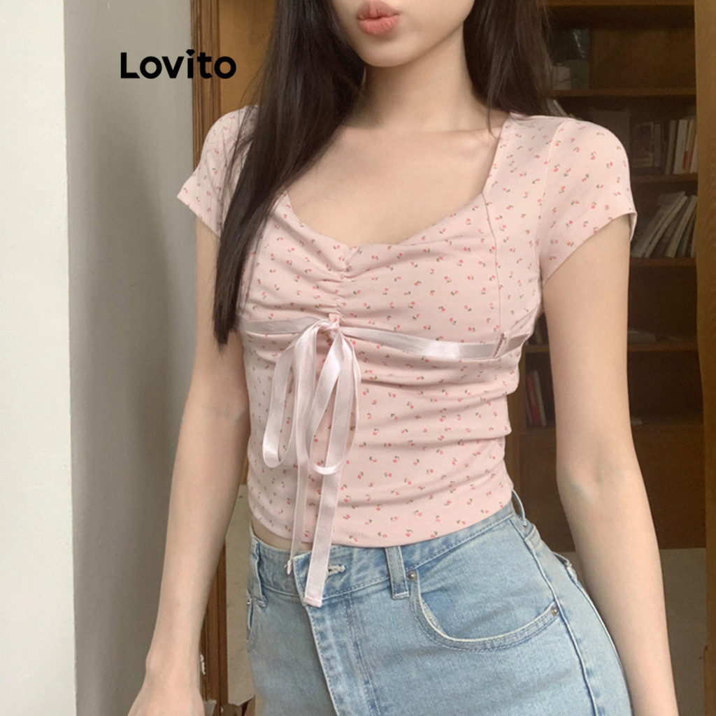 Lovito Camiseta Feminina Preppy Ditsy Floral Lace Up Colorblock L91AD096 - Women Clothes