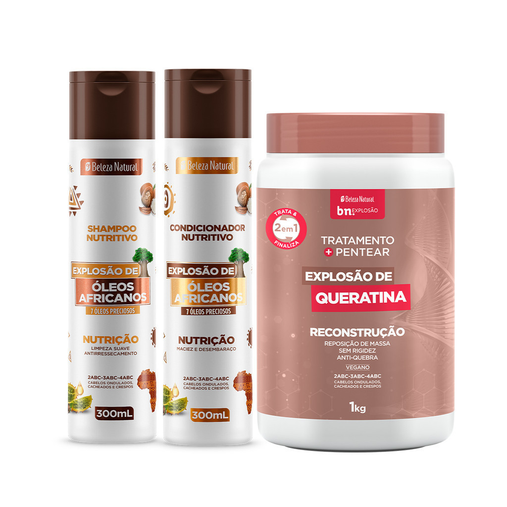 Kit Beleza Natural Duo Óleos Africanos + Tratamento e Pentear Explosão de Queratina 1Kg bn.Explosão - Beauty