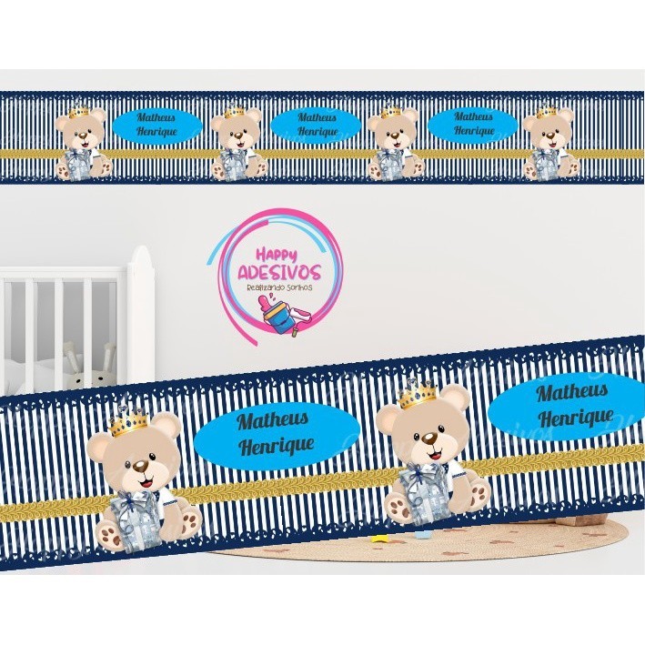 Faixa Adesiva Decorativa Parede Adesivo Infantil Menino Urso Ursinho Coroa Reino Rei Príncipe DCM