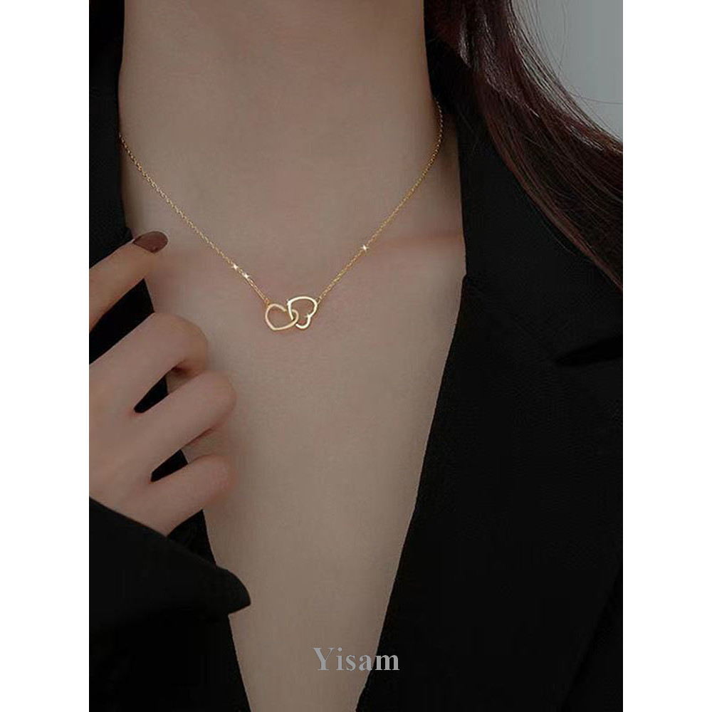 Yisam 925 Sterling Silver Double Heart Choker Necklace For Women Party Colar Em Cadeia De Clavícula Presentes Jóias