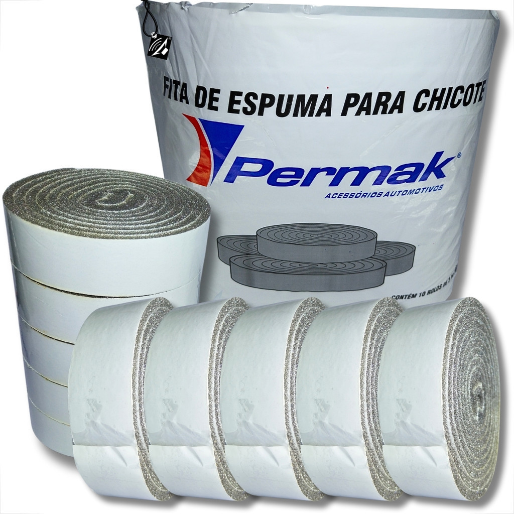 KIT 10 ROLOS DE ESPUMA FITA COM COLA ANTI CHAMAS E RUIDOS PARA CHICOTES AUTOMOTIVOS 2M CADA