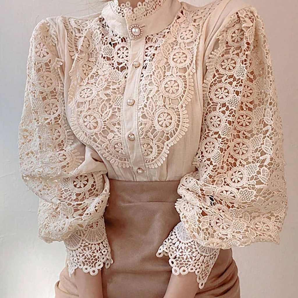 Camisa Botão Oco Out Feminina De Stand Collar Blusas De Renda Carnaval em Oferta na Shopee