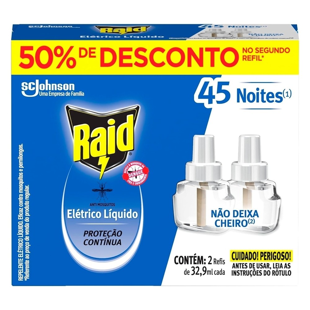 Repelente Elétrico Líquido Raid 45 Noites Refil 2 Unidades 32,9ml em Oferta na Shopee