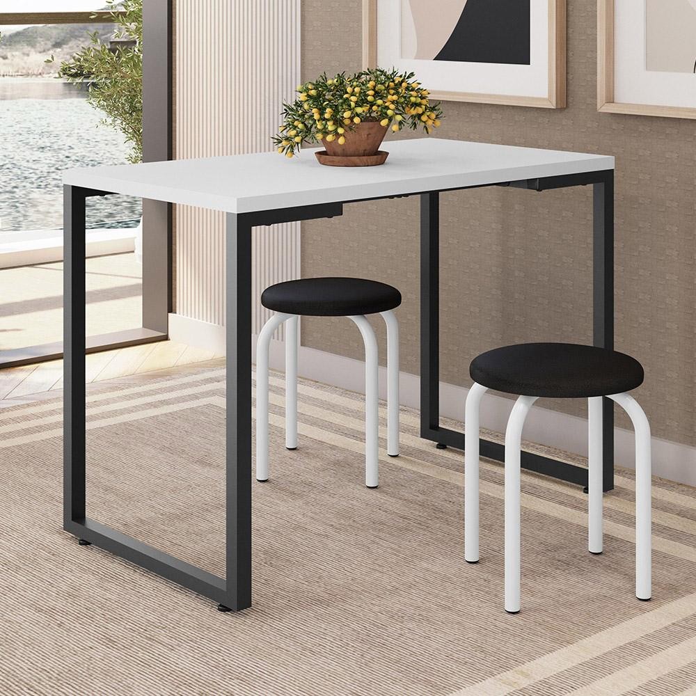 Mesa de Cozinha Bistrô Porto Branco 120cm com 2 Banquetas Industriais Maviê Preto/Branco - Mpozenato