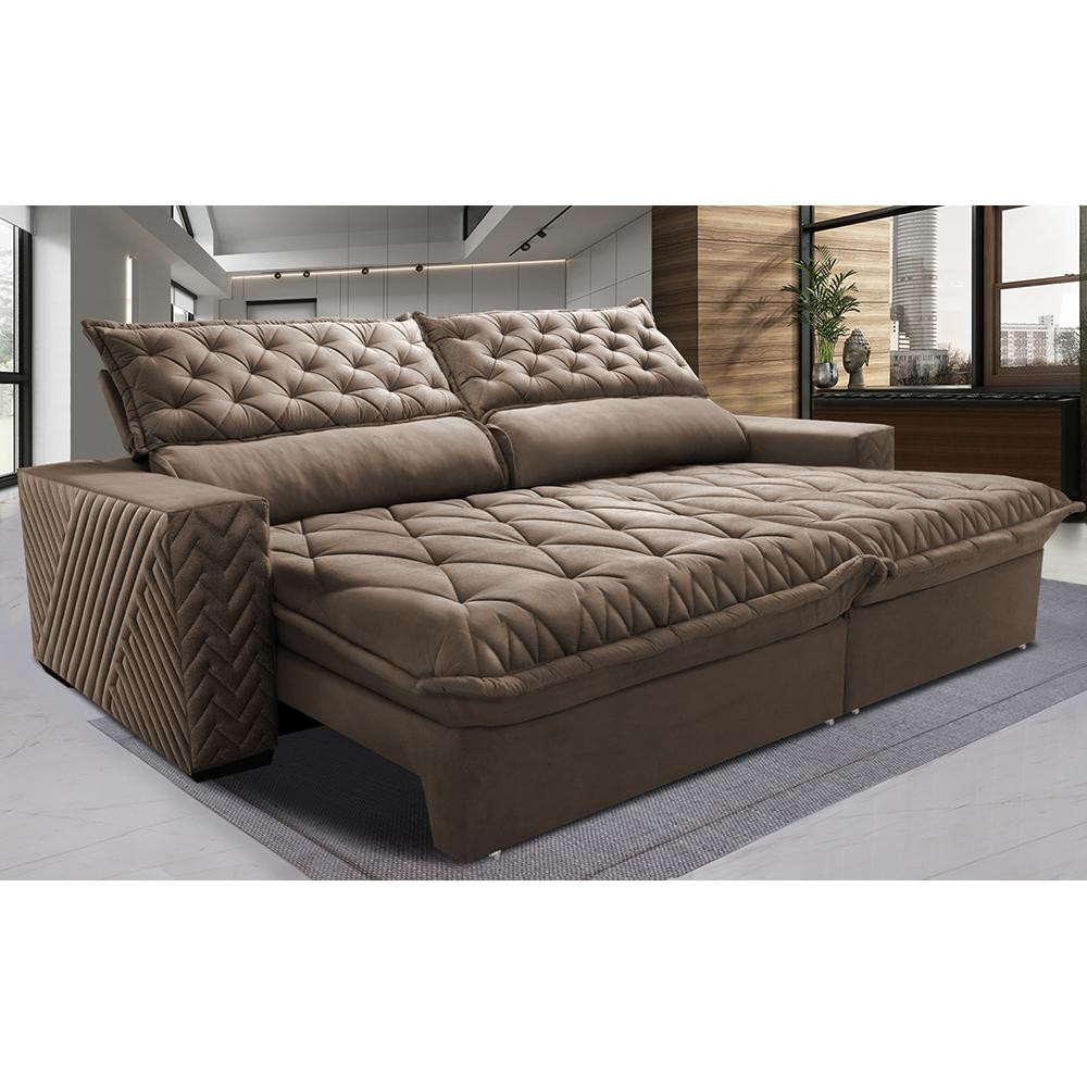 Sofá Retrátil e Reclinável 3,15m Molas Ensacadas Cama inBox Spazus com Bordado 3D Velusoft Castor em Oferta na Shopee