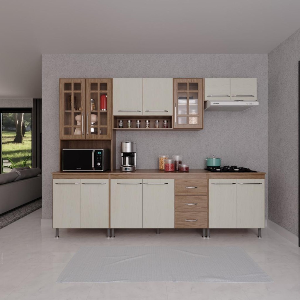 Cozinha Modulada Completa Fidelitá Paris 5 Peças 260cm 13 Portas 3 Gavetas Com Tampo Nogal/Salinas - Home & Living