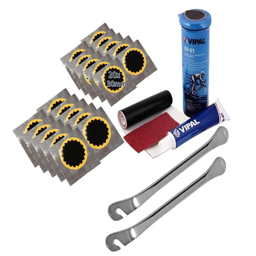 Kit Reparo Camara Ar Bike Vipal 20 Remendos 2 Espatulas Aço Reforçado