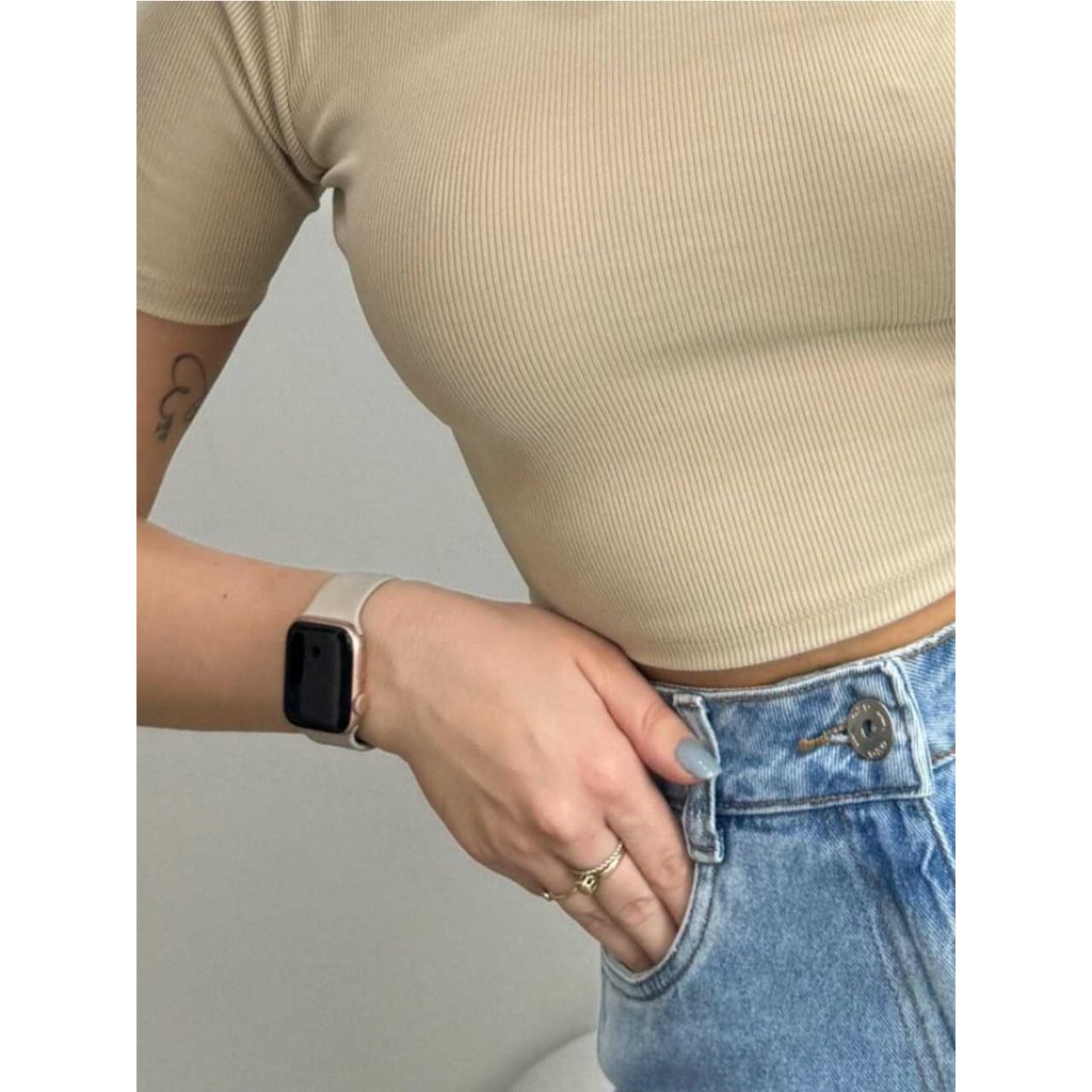 Cropped Canelado T-shirt, Gola Alta, SEM ESCRITA, Moda Blogueira Moda Feminina