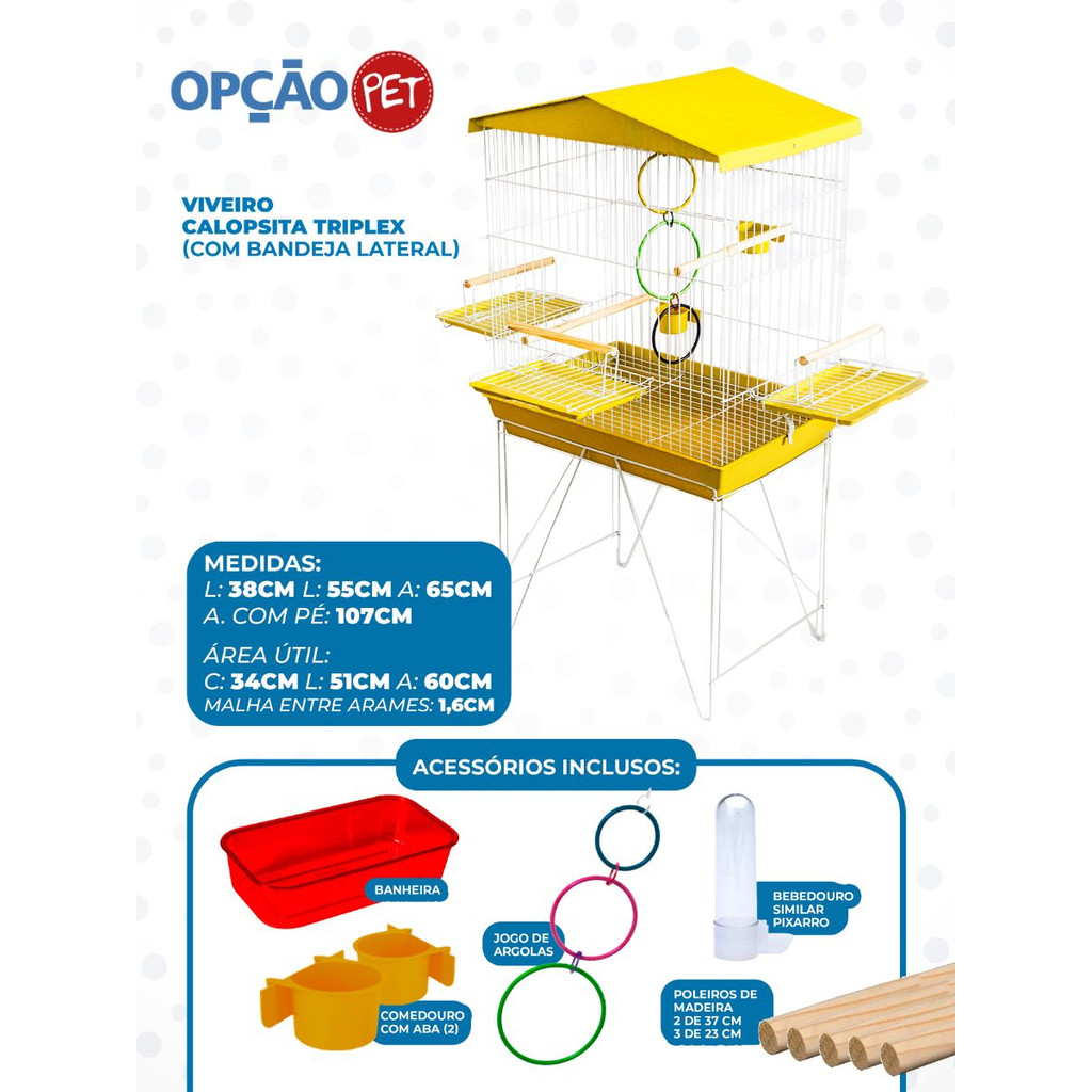 Viveiro Tríplex Grande para calopsita, papagaio e pássaros médios, com jogo de argola colorida na cor Amarelo OPÇÃO PET