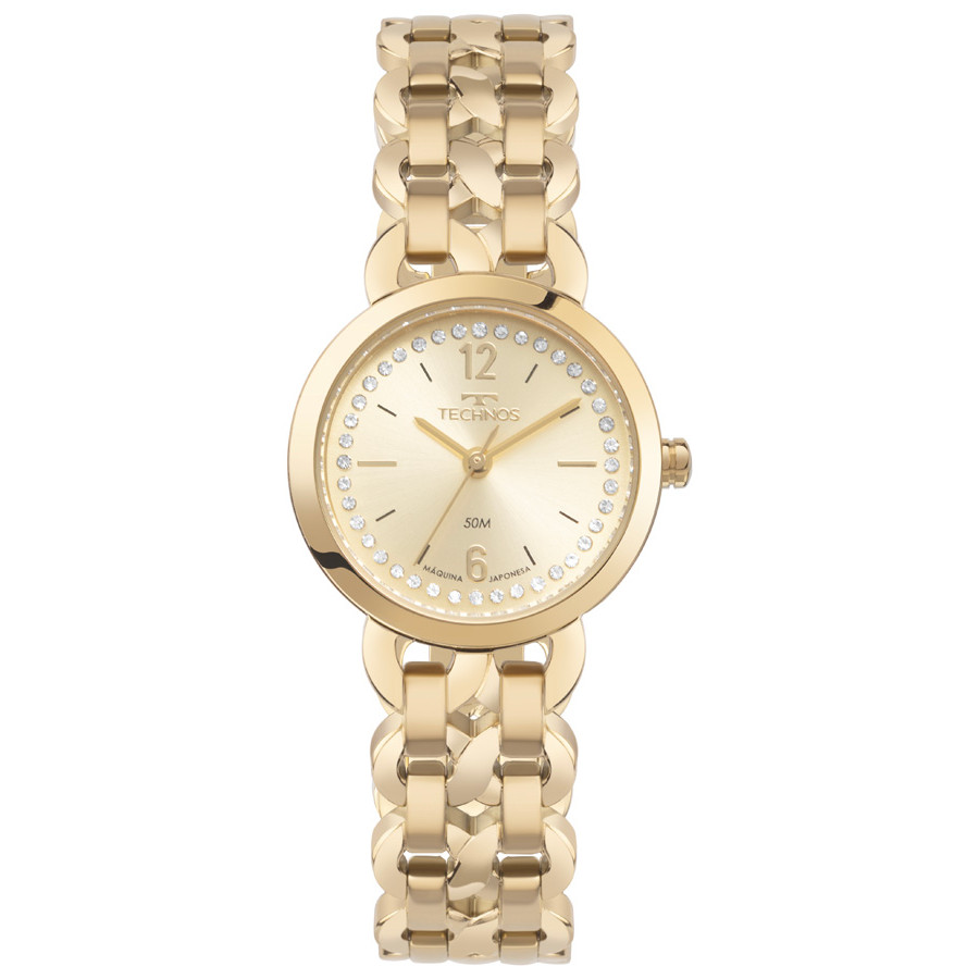 Relogio Technos original feminino dourado banhado pequeno mini pulseira elos cravejado sofisticado moderno 2035MZN/1D