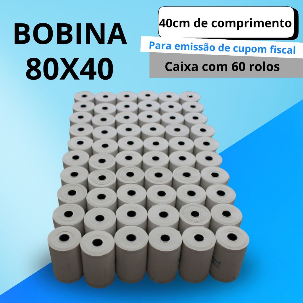 60x Bobina Termica Branca 80x40  Emissão de Recibo Impressora Termica Pizzaria Restaurante Comercio