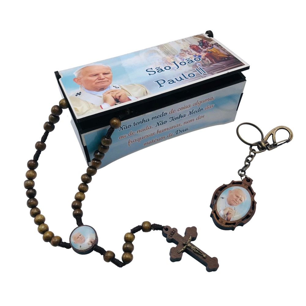 Terço e Chaveiro São João Paulo II Caixinha Personalizada