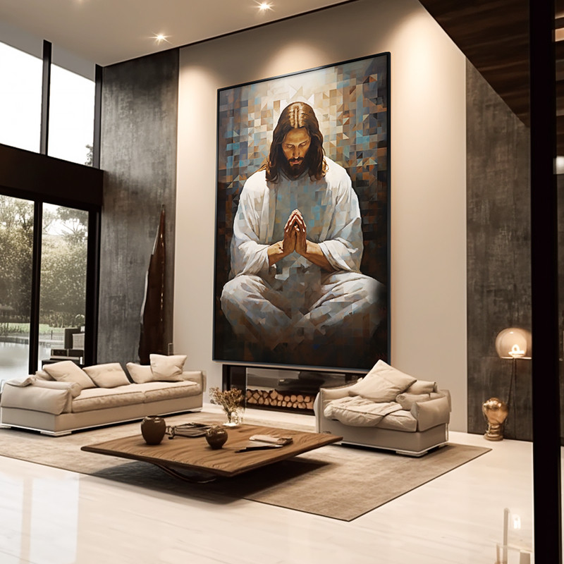 Quadro Decorativo 110x80cm  Vitral Jesus Orando Hall da Luxo Sala Quarto Casa Decoração De Parede Mdf Adesivo