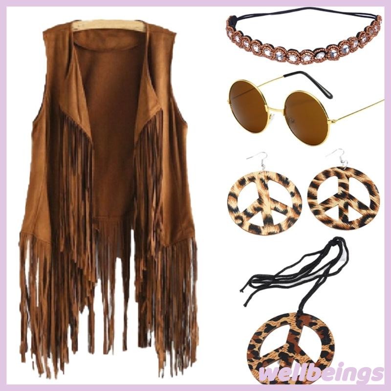 WELL Conjunto Fantasia Feminina Hippie Anos 60 70 , Calça Larga , Colete Franjas