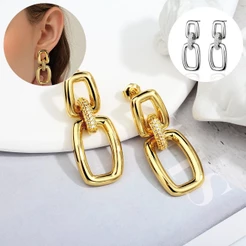 Brincos Delicado Elegante Antialérgico Femininos de Argola Quadrado Três Elos Folheado Brinco de Folheado Ouro 18k a Platina