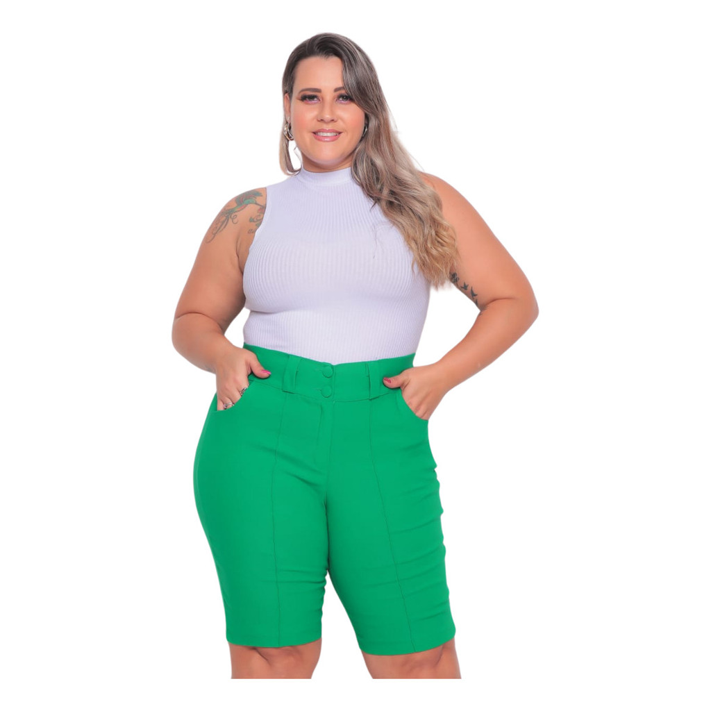 Bermuda Plus Size Feminina Com Bolso Lycra Shorts Cós Alta Alfaiataria Social