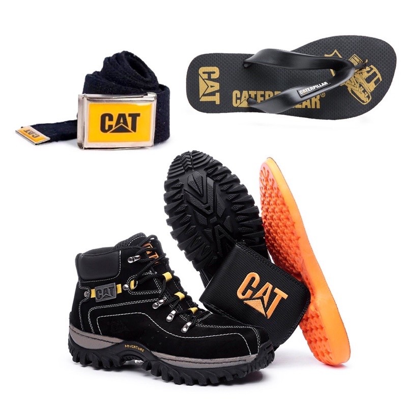 Kit Bota Adventure Caterpillar em Couro + Chinelo Carteira Cinto Palmilha