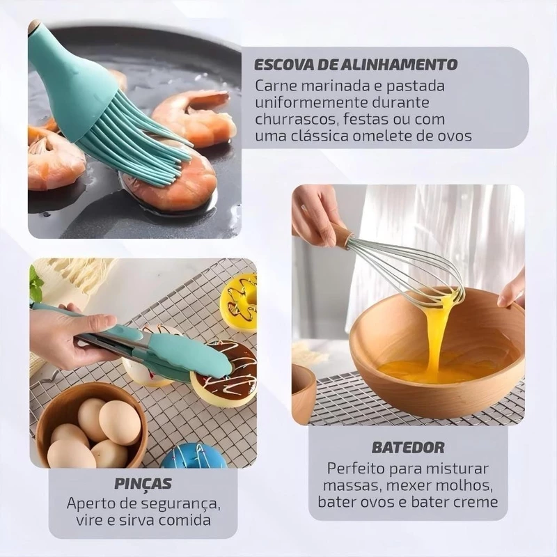 Kit 12 Peças de Utensílios de Cozinha em Silicone e Bambu — foto 8
