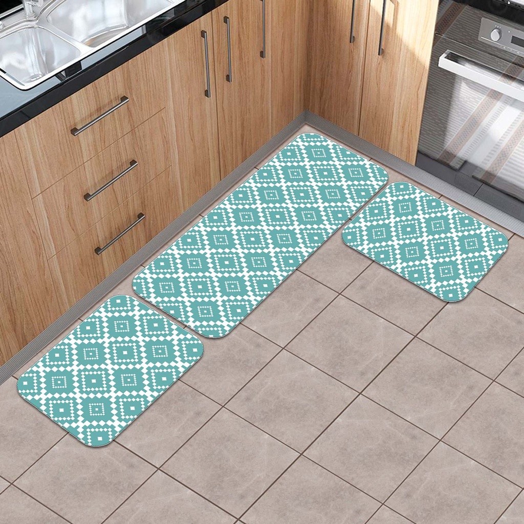Jogo de Tapete para Cozinha Kit 3 Peças | Estampado, Antiderrapante | MOSAICO AZUL