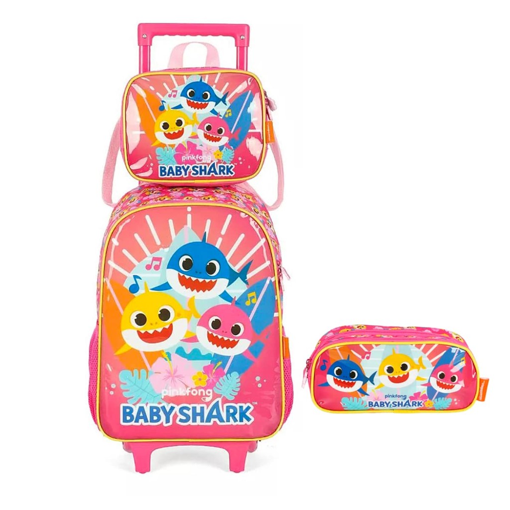 Kit Mochila Rodinhas com Lancheira e Estojo Baby Shark Rosa