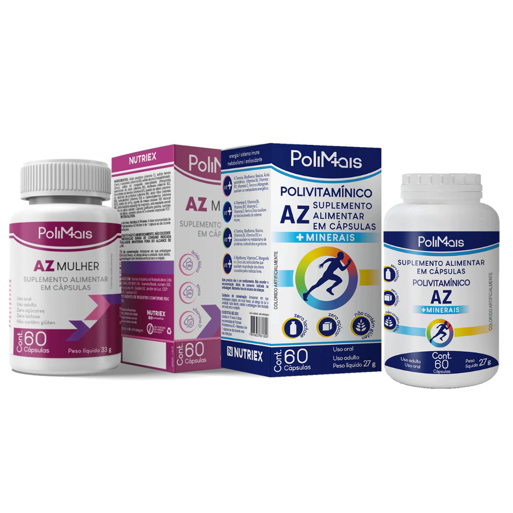 Combo Vitaminas e Minerais A-Z PoliMais – 60 Cápsulas Cada (Homem e Mulher)