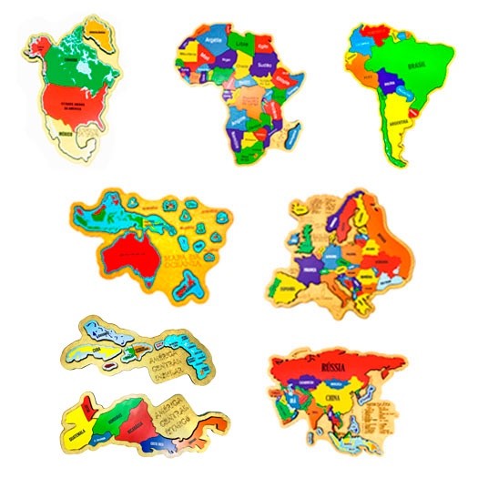 Kit Quebra-cabeça Mapas África Oceania América do Sul e Norte Central Ístmico e Insular Europa Ásia