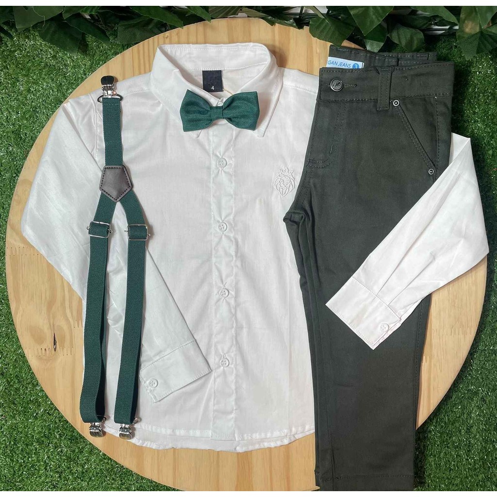 Calça Verde Musgo com Camisa Longa Branca e Kit Gravata e Suspensório Verde Musgo Infantil