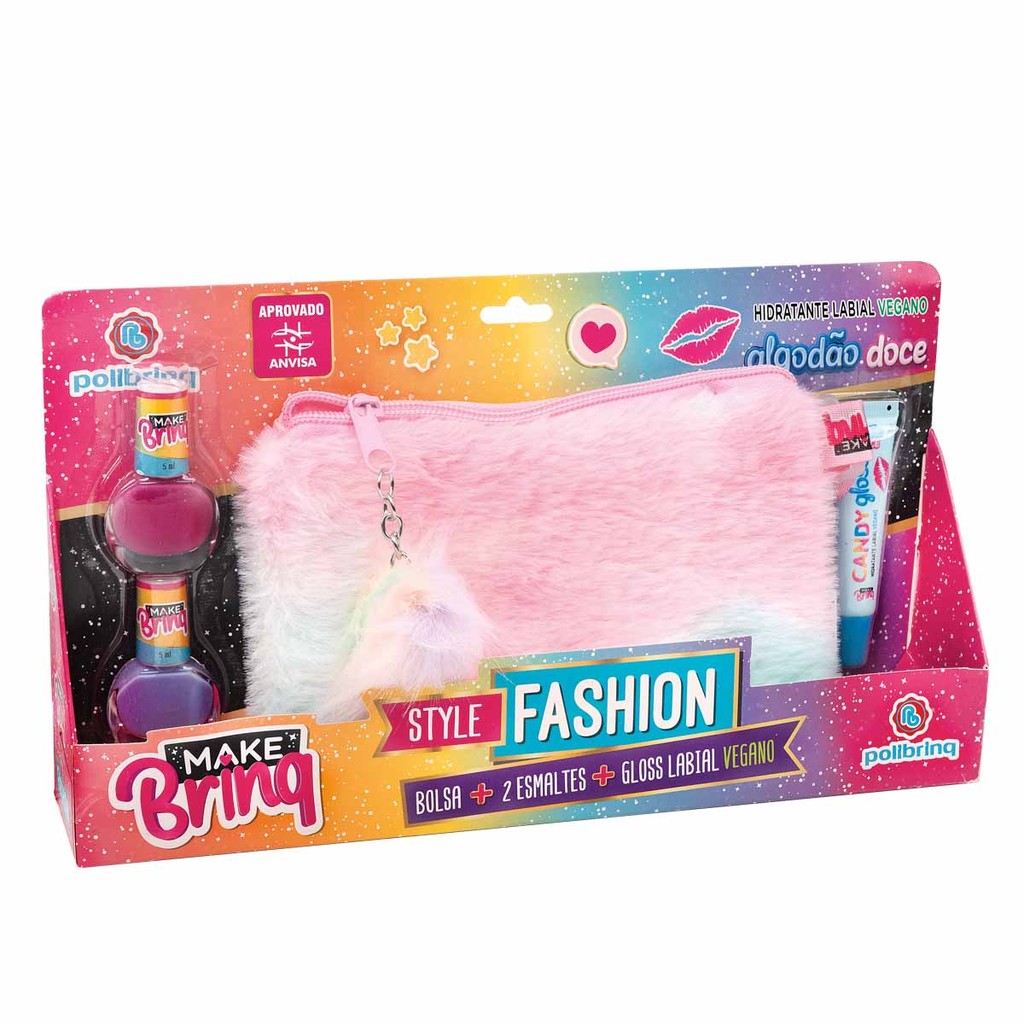 Bolsa Plush Fashion Esmalte Gloss Vegano Infantil Menina Kit Maquiagem Crianca Polibrinq