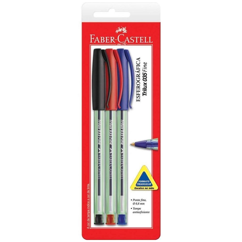 Caneta esferográfica Trilux azul/preto/vermelho SM/TRIPF com 3 unidades Faber-Castell - Stationery