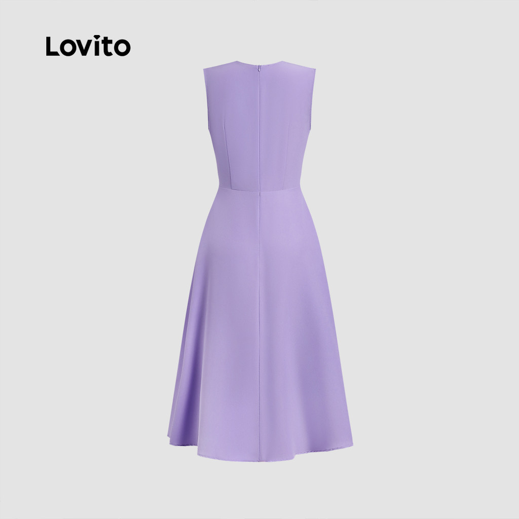 Detalhes do Lovito -  Vestido Elegante com Pregas Toque Suave Vestido de Primavera/verão Roxo para Mulheres L137LD049