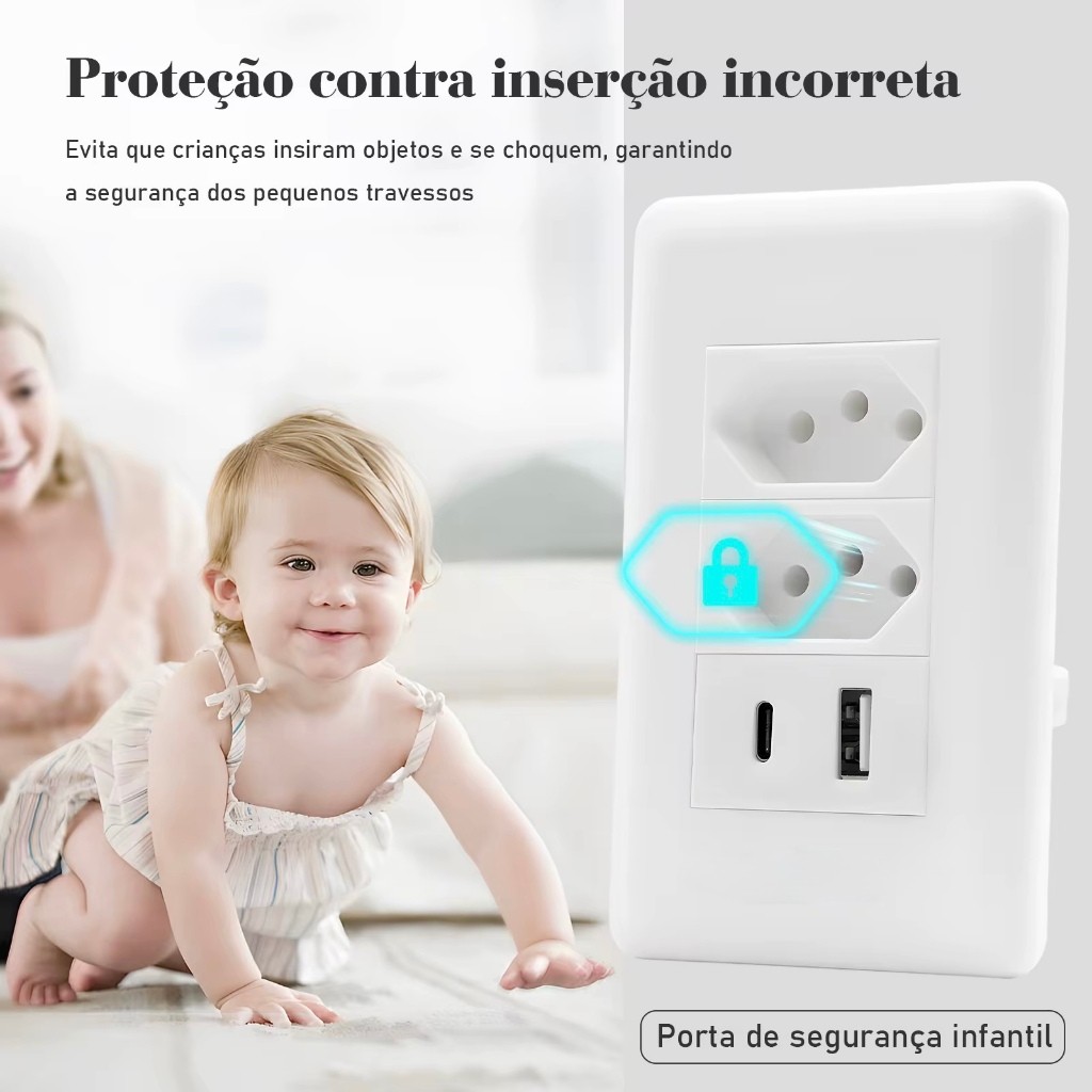 Detalhes do Tomada 2 Entradas 10A USB-A Tipo-C 2400mA Multifunçao Bivolt