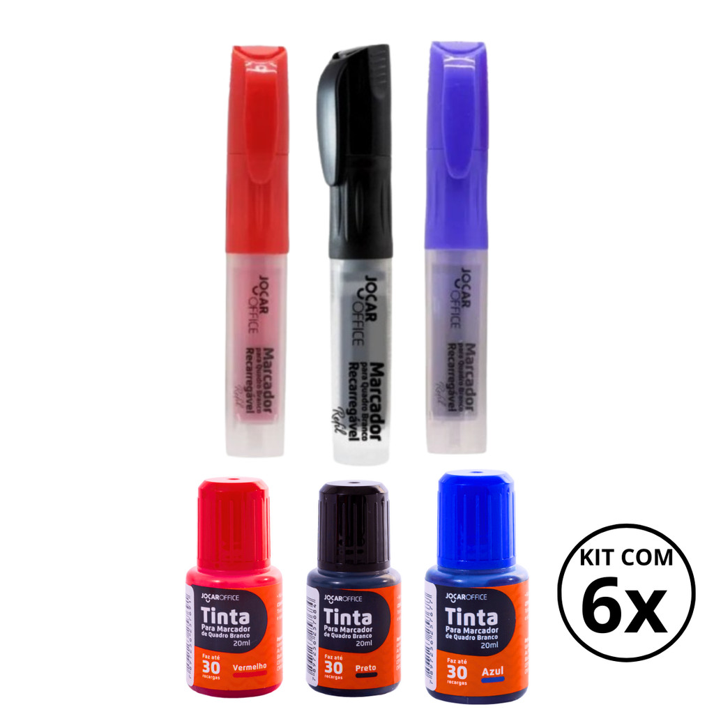 Kit Com 3 Marcadores De Quadro Branco + 3 Reabastecedores - JOCAR