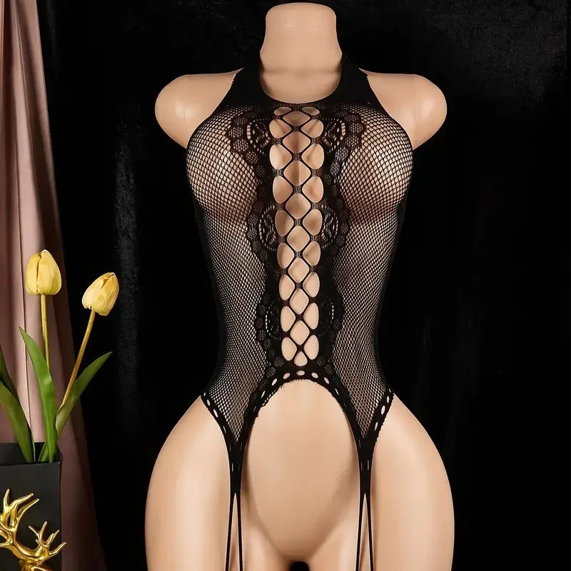 Lingerie Sexy Meia Corporal , Macacão De Malha Com Decote , Feminina/Apertos