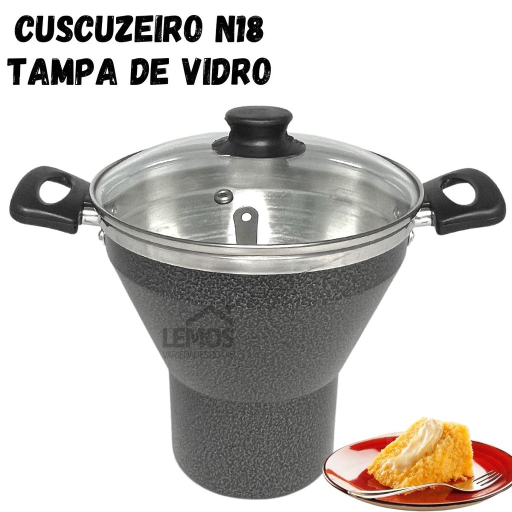 Panela Cuscuzeira N18 Com Tampa de Vidro Em Alumínio Faz Cuscuz Nordestino Alimentos A Vapor