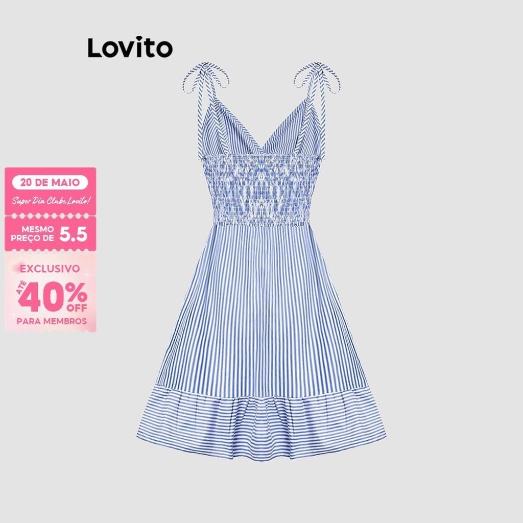 (Trendy) Lovito Vestido casual listrado com renda e babados na bainha para mulheres LBL20164 em Oferta na Shopee