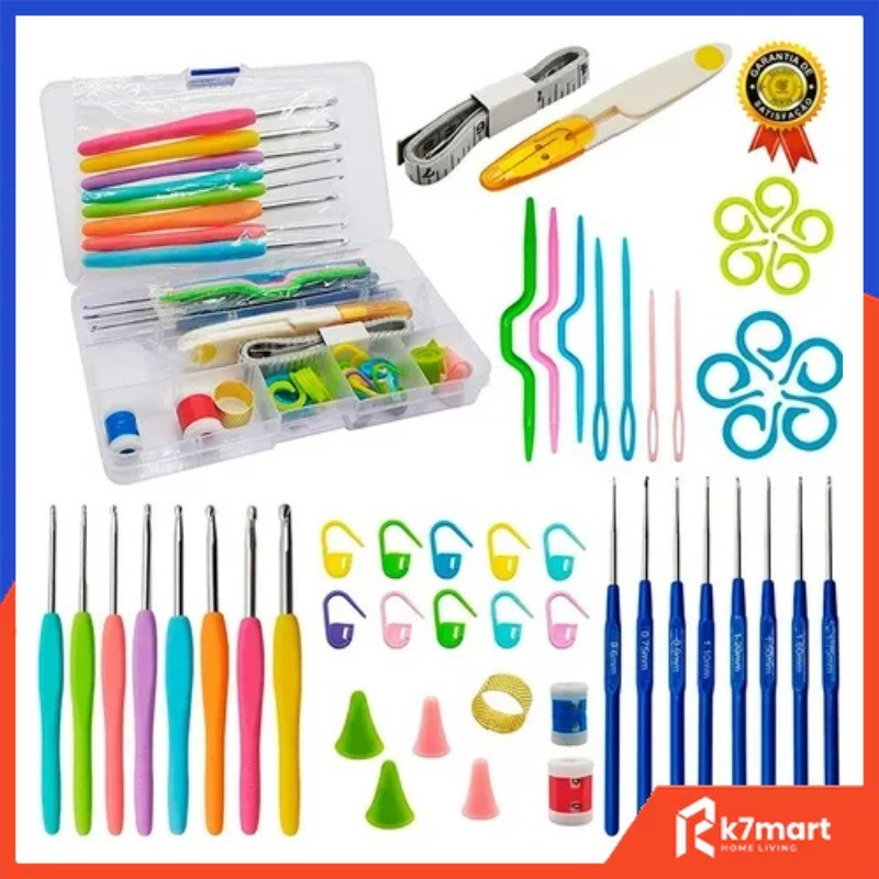 KIT CROCHÊ COMPLETO FERRAMENTAS AGULHAS, TESOURA - 53 PÇS
