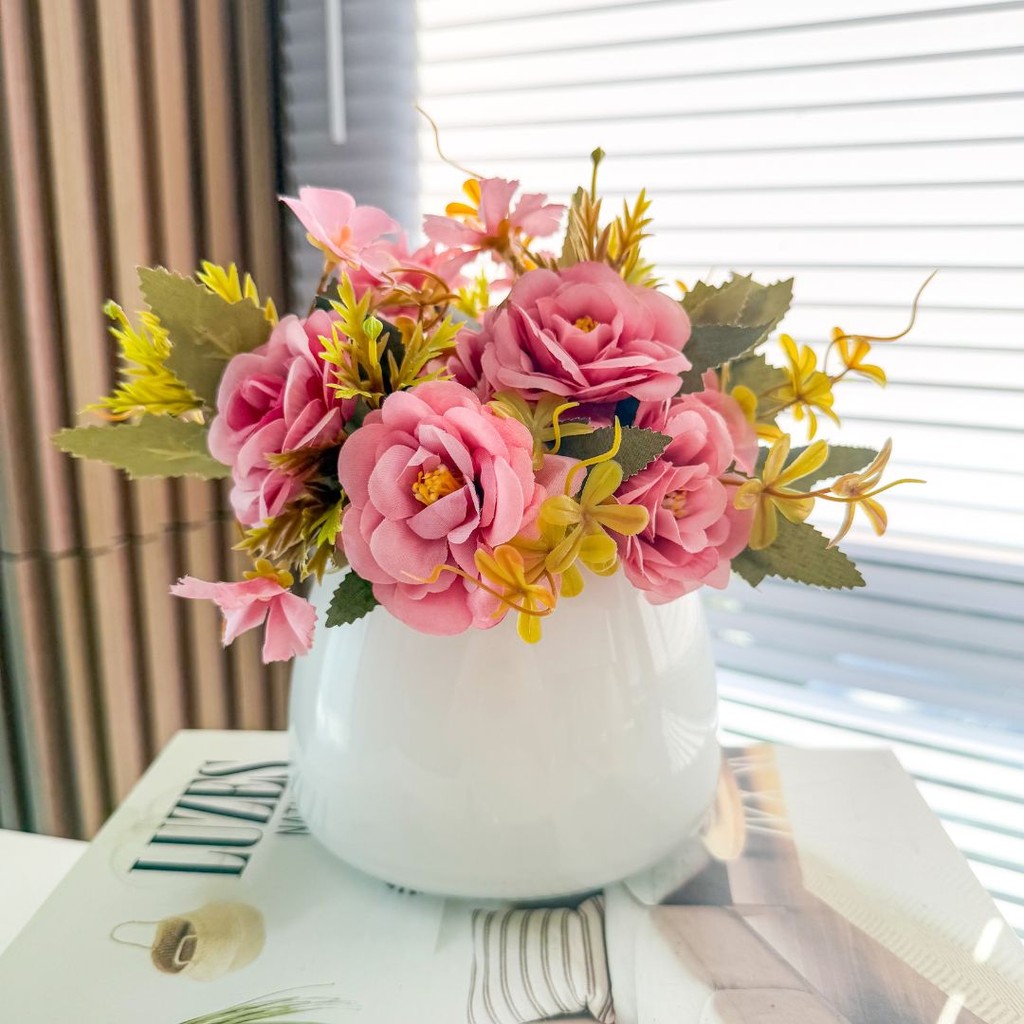 Arranjo Buquê de Rosas Artificial Rosa com Vaso de Vidro Branco Decoração Mesa Sala em Oferta na Shopee