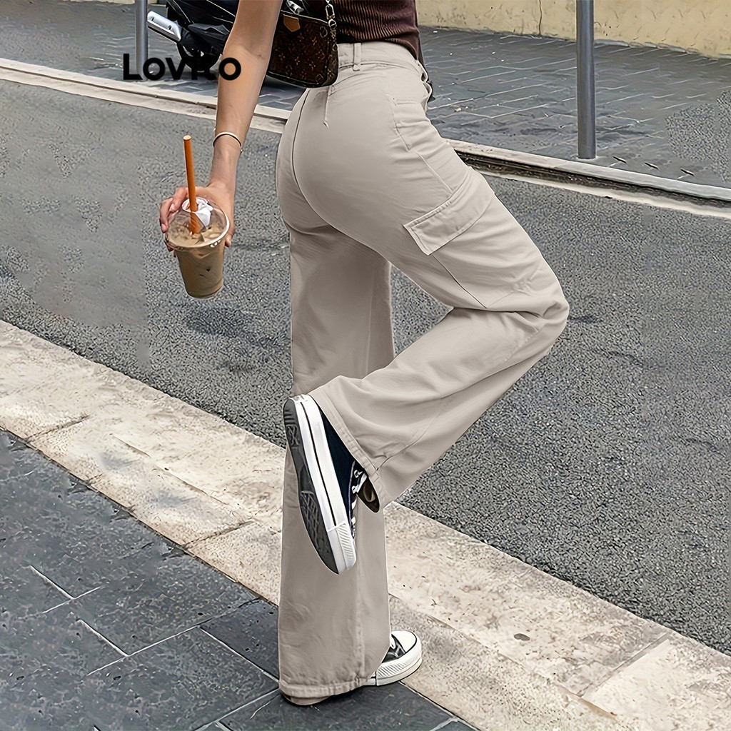 (Trendy) Lovito Calça Casual Com Bolso Liso E Zíper Para Mulheres L104ED018 em Oferta na Shopee