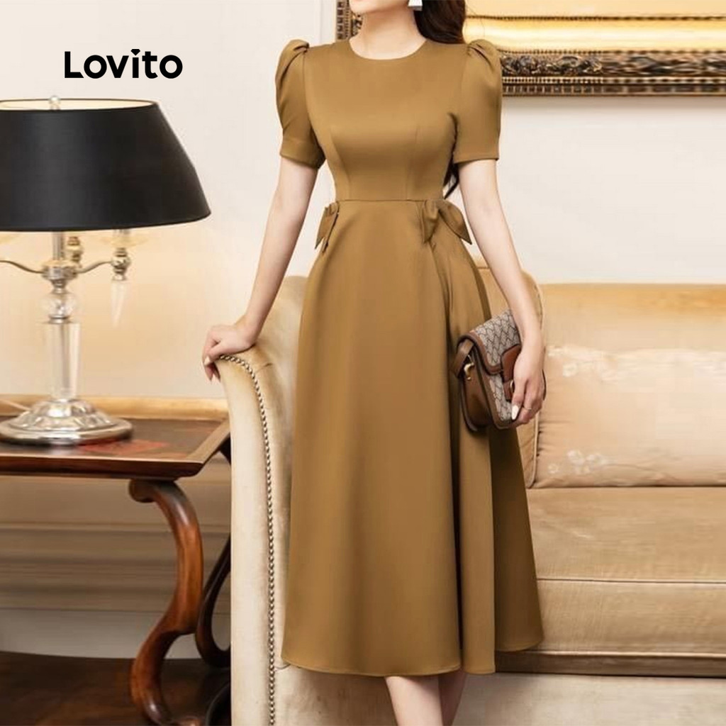 (Trendy) Lovito Vestido Elegante Marrom Primavera/Verão Com Laço Liso Para Mulheres L134ED167 - Women Clothes