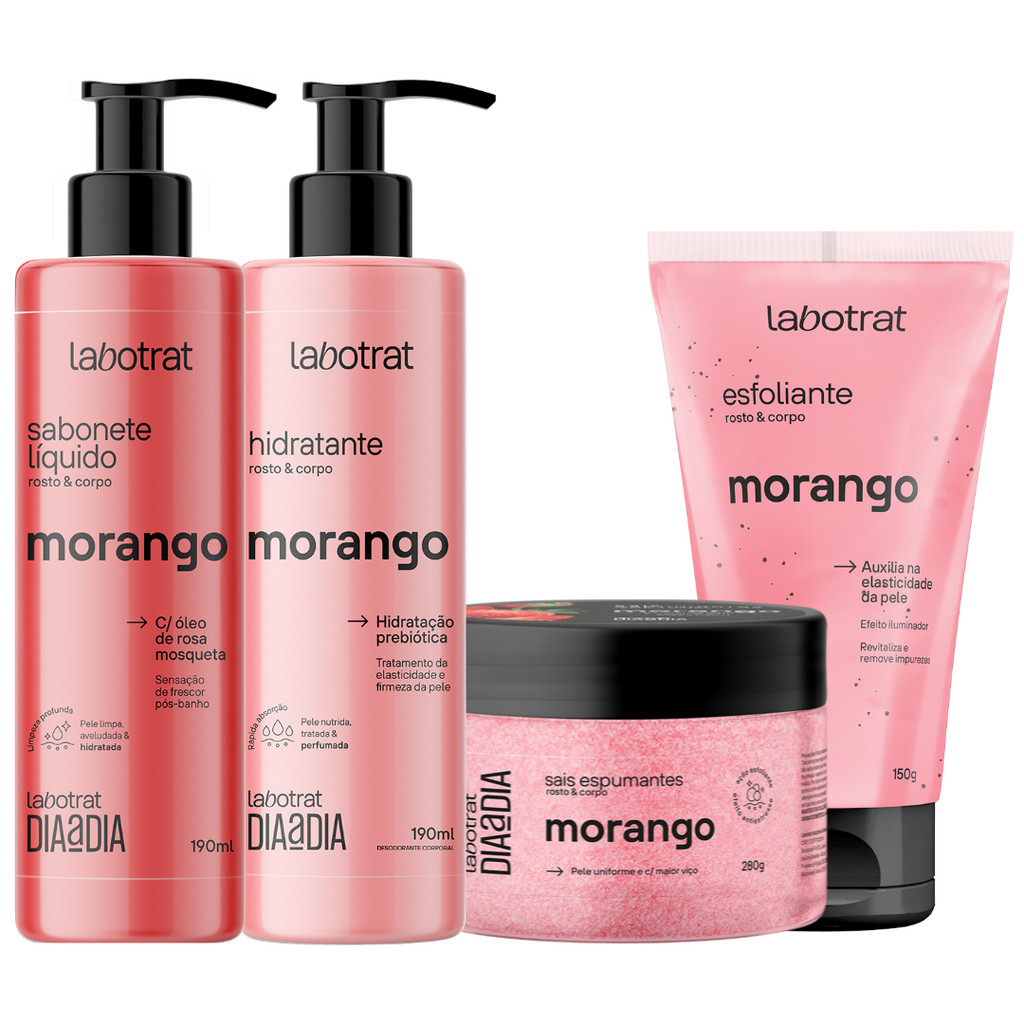 Kit Banho Premium Labotrat Morango Completo 4 Produtos C/ Sais Corpo E Rosto Cheiro De Fruta