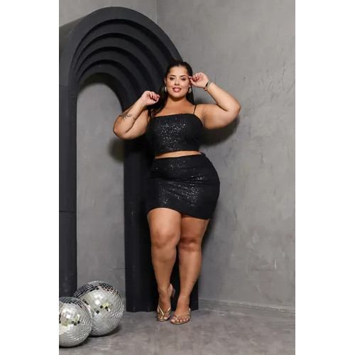 Conjunto Cropped Paetê Nozinho + Saia Lisa Paetê Plus Size