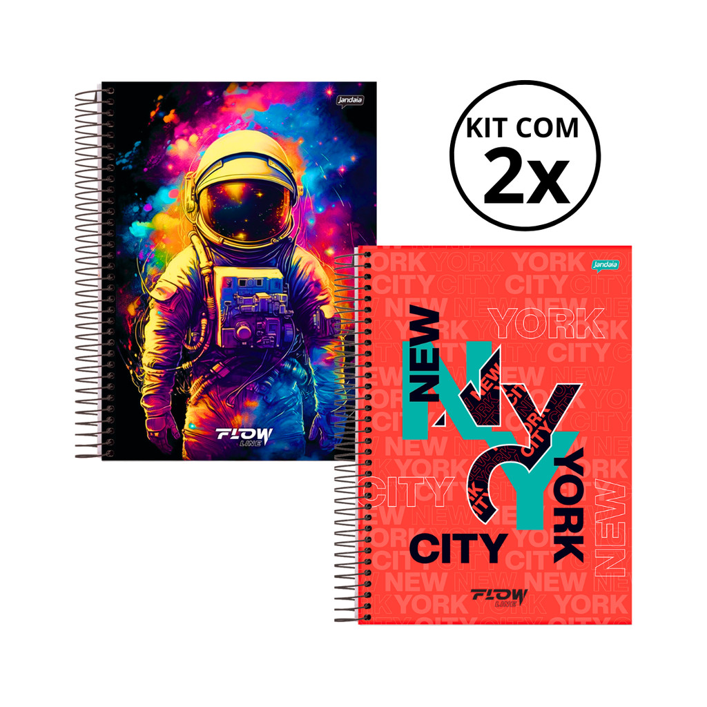 Kit 02 Cadernos Universitário 10 Matérias 160 Folhas Flow - Jandaia CAPA:Astronauta/NewYork