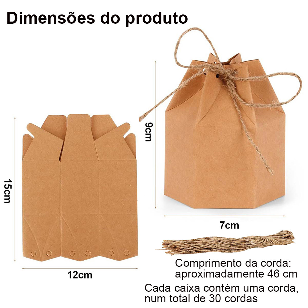 Caixa de presente Hexagonal de papel Kraft de 30 peças, caixa de presente marrom, 7 x 9 cm, com corda de cânhamo