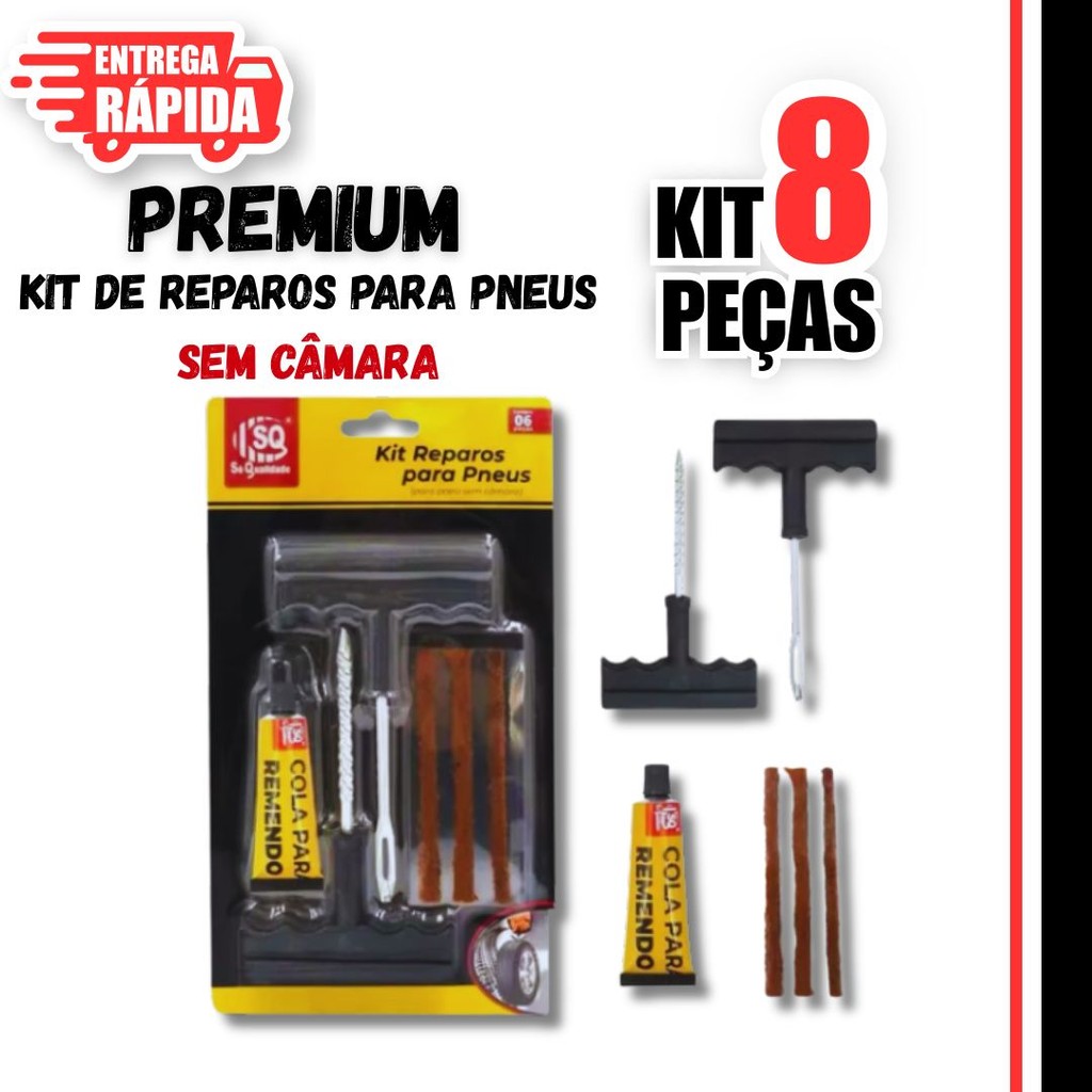 Kit 8 Peças Reparo Pneu sem CÂmara para Carro e Moto e Refil Selante Macarrão Remendo Premium