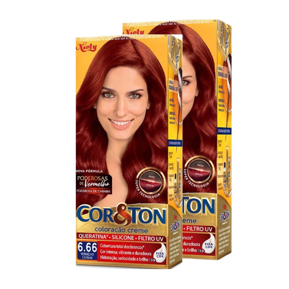 Kit 2 Coloração Niely Cor&Ton Louro Escuro Vermelho 6.66 - Beauty