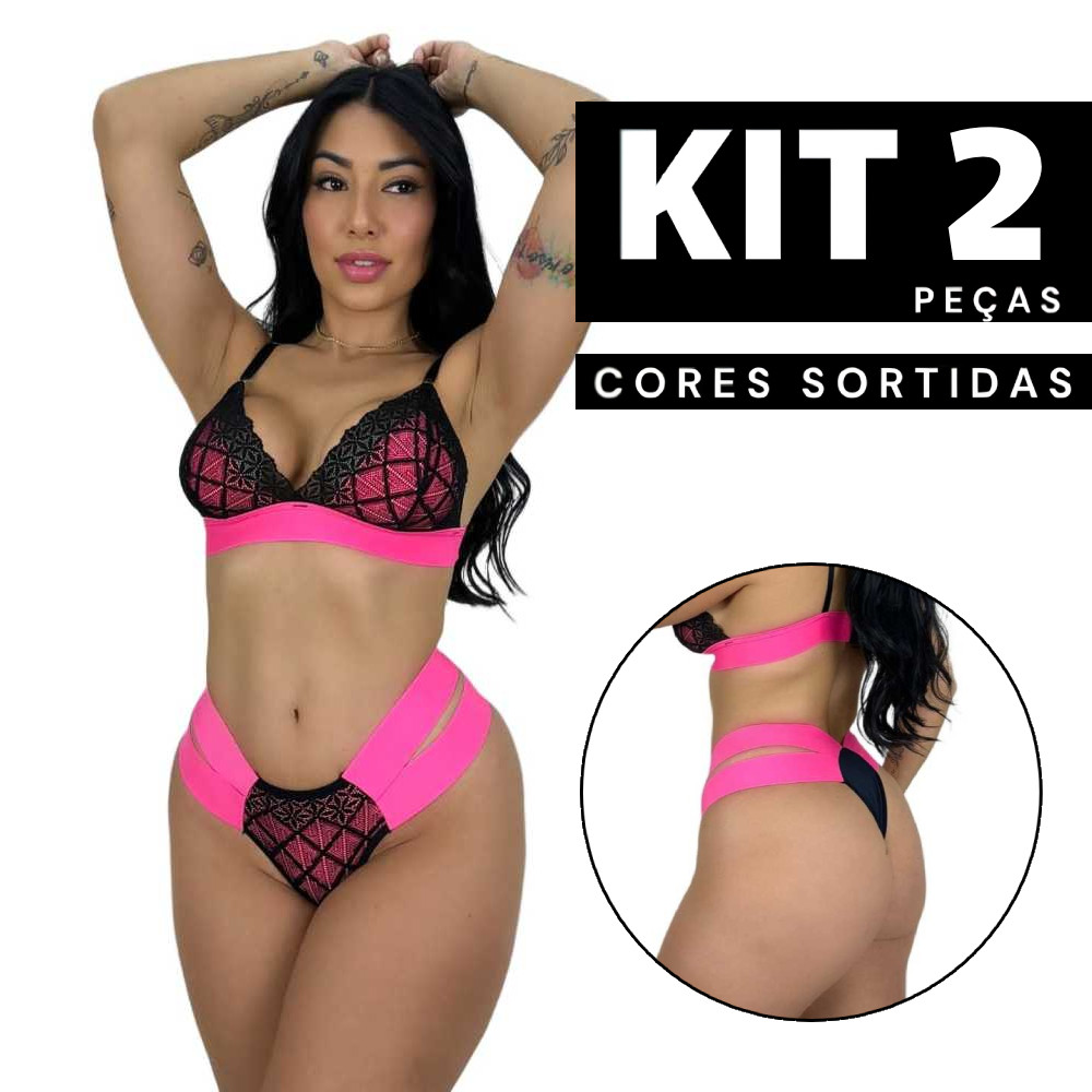 Kit 2/1 Conjunto Sutiã Sem Bojo e Calcinha Neon Em Renda Sexy Confortável Barato Sensual Respirável