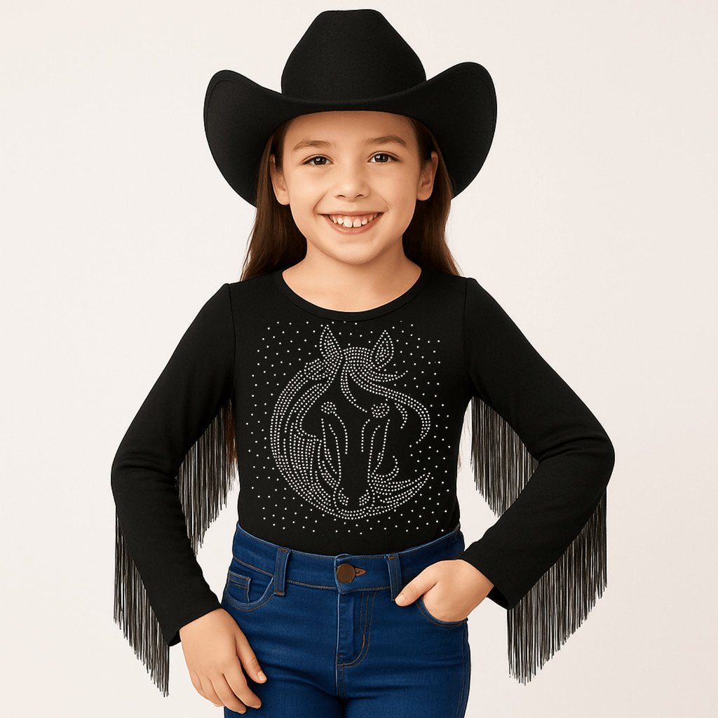 Body Infantil Ana Castela Country Preto com Strass | – Bore Manga Longa Menina C/Franja Tam. 4 ao 16 em Oferta na Shopee